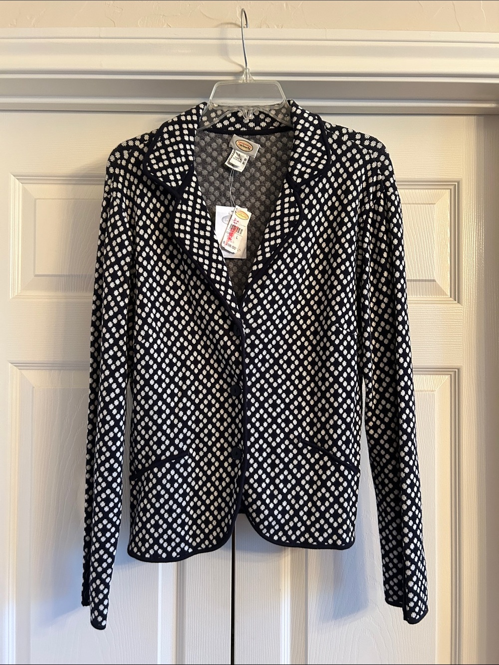 NWT: Talbots Black and White Diamond Print Cotton Knit Blazer